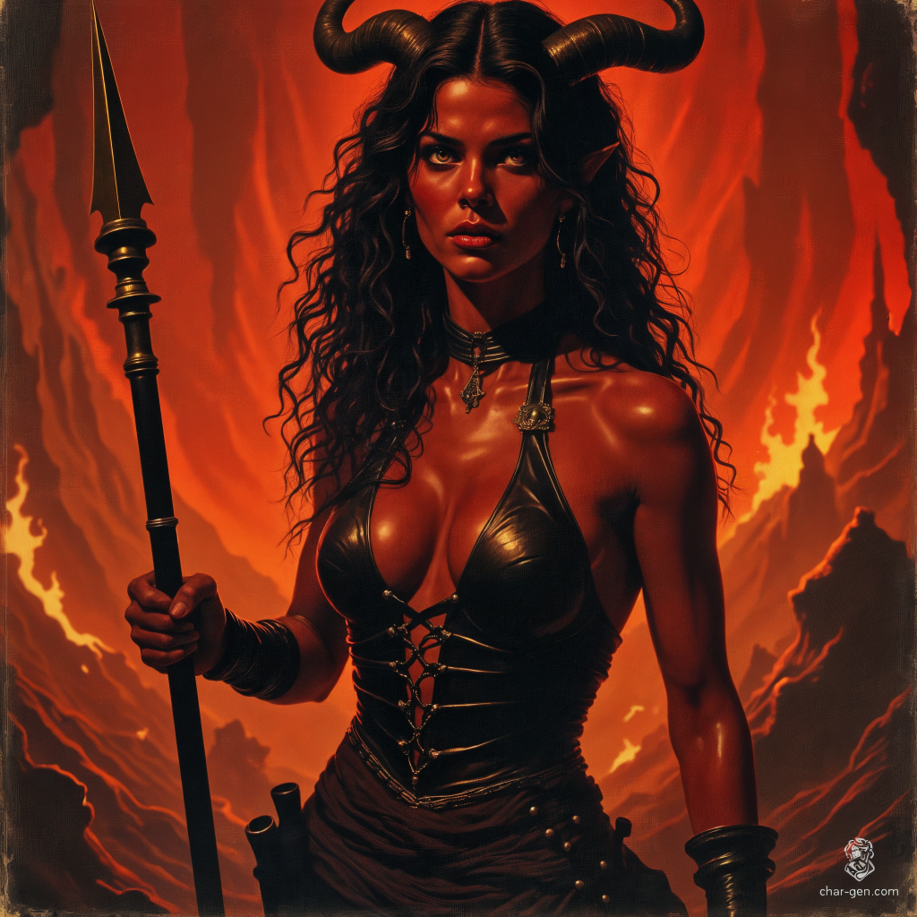 In a haunting battlefield aglow with flickering flames, a stunning tiefling warrior emerges. With dark crimson skin, cascading black hair, and fierce golden eyes, she wields a gleaming spear. Clad in a leather halter adorned with metal accents, her striking presence embodies the dark fantasy of the 70s.
