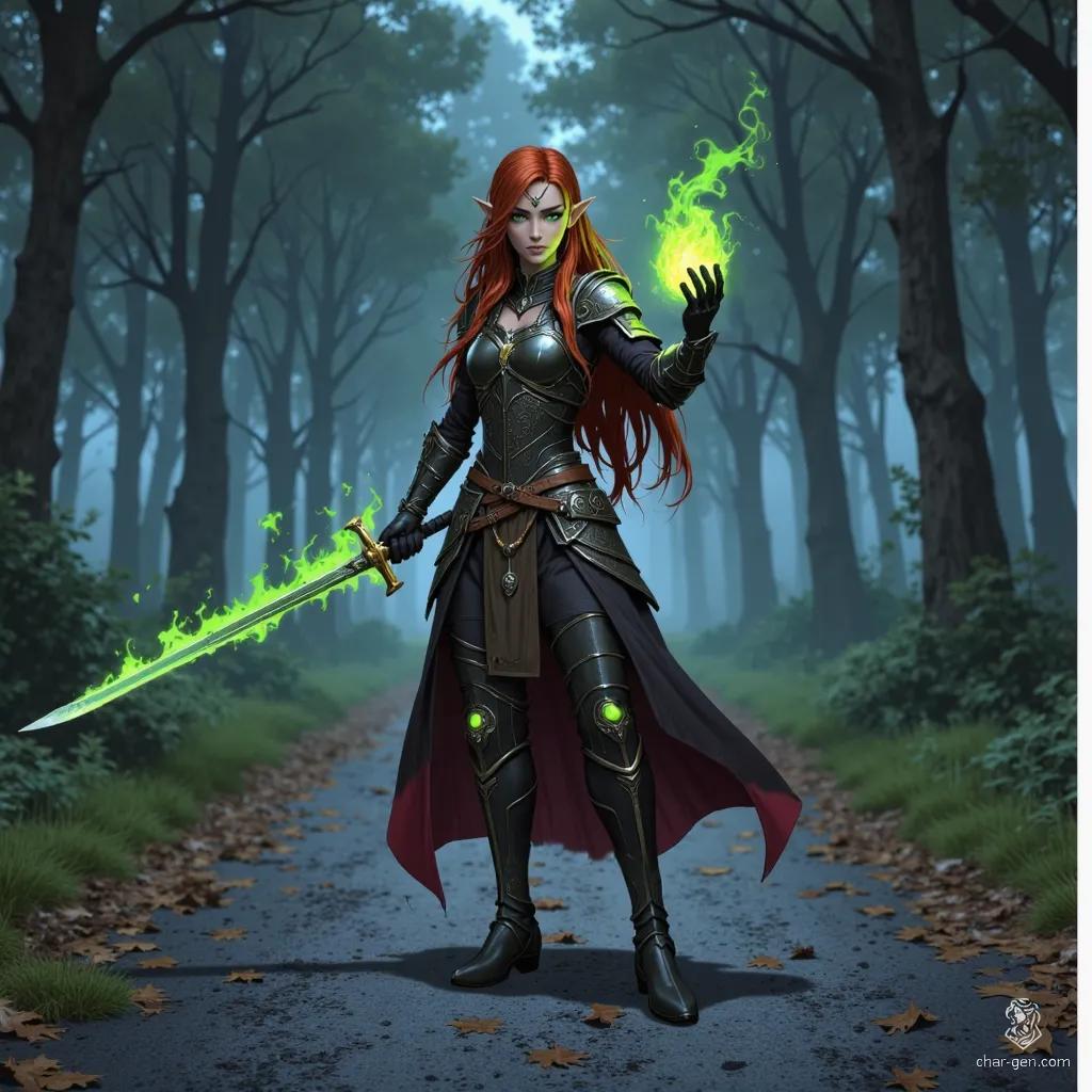 In a mystical forest shrouded in fog, a stunning elven warrior stands poised. With long auburn hair, piercing green eyes, and a delicate gold circlet, she's clad in leather armor and thigh-high boots. Her katana, engulfed in green flames, and her outstretched hand summon powerful magic, representing the balance of beauty and strength.