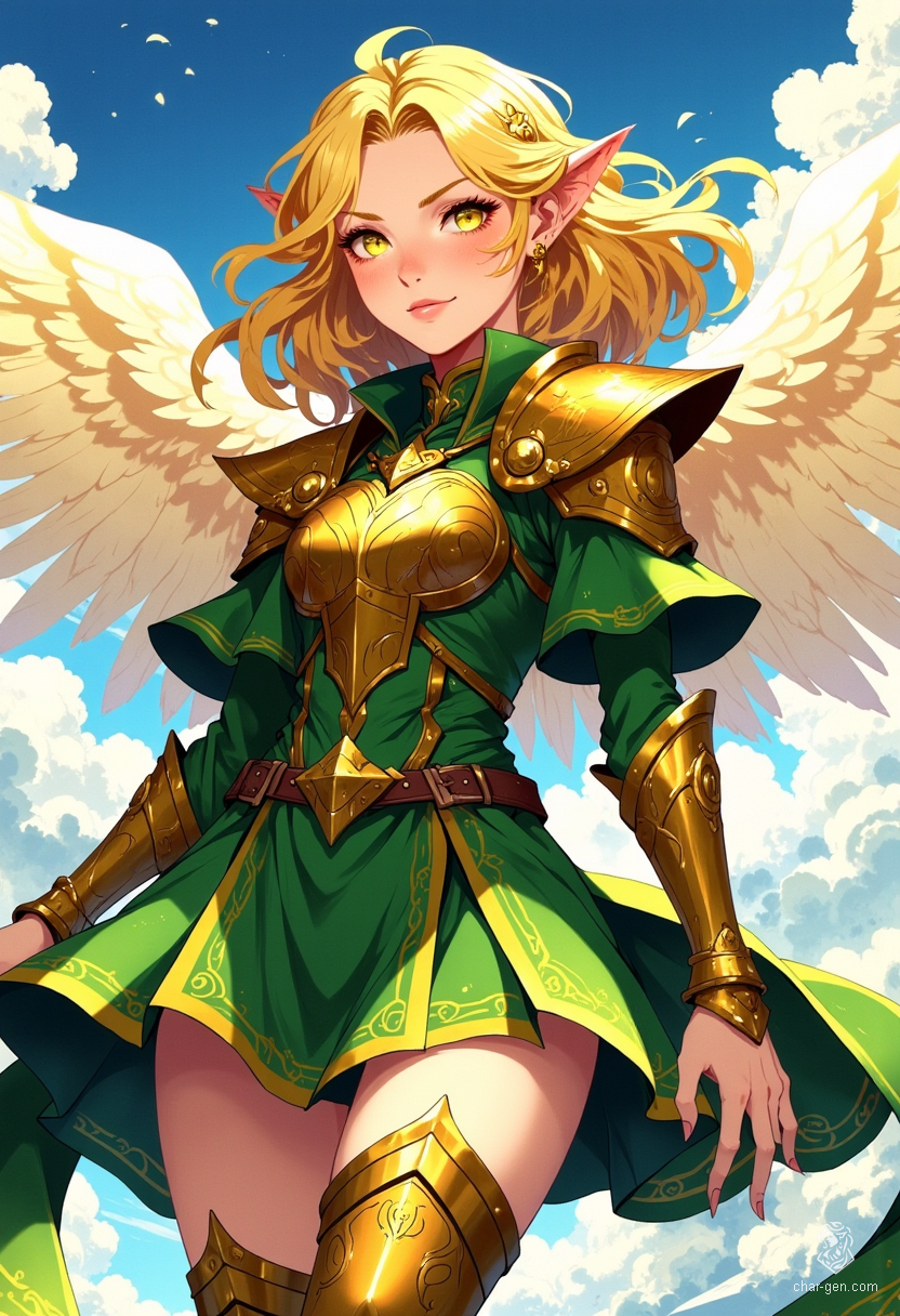 Sigarda, a stunning female angel, embodies celestial grace with her luminous golden hair and radiant green and gold armor. Her solid gold eyes shine brightly as she floats effortlessly in the vibrant sky, captured in bold, dynamic poses and a vivid anime-inspired style that exudes fantasy magic.