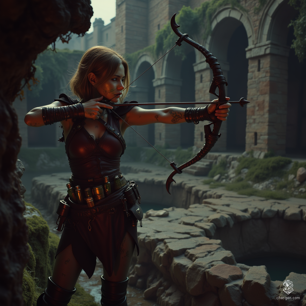 Izzy, a newly emancipated halfling assassin, blends beauty with lethal precision. Her medium-toned skin, dotted with shimmering green scales, and alluring plump lips frame her fierce yellow-green eyes. Clad in practical leather armor, she wields a heavy crossbow, exuding a tense, thrilling aura of danger and deadly competence.