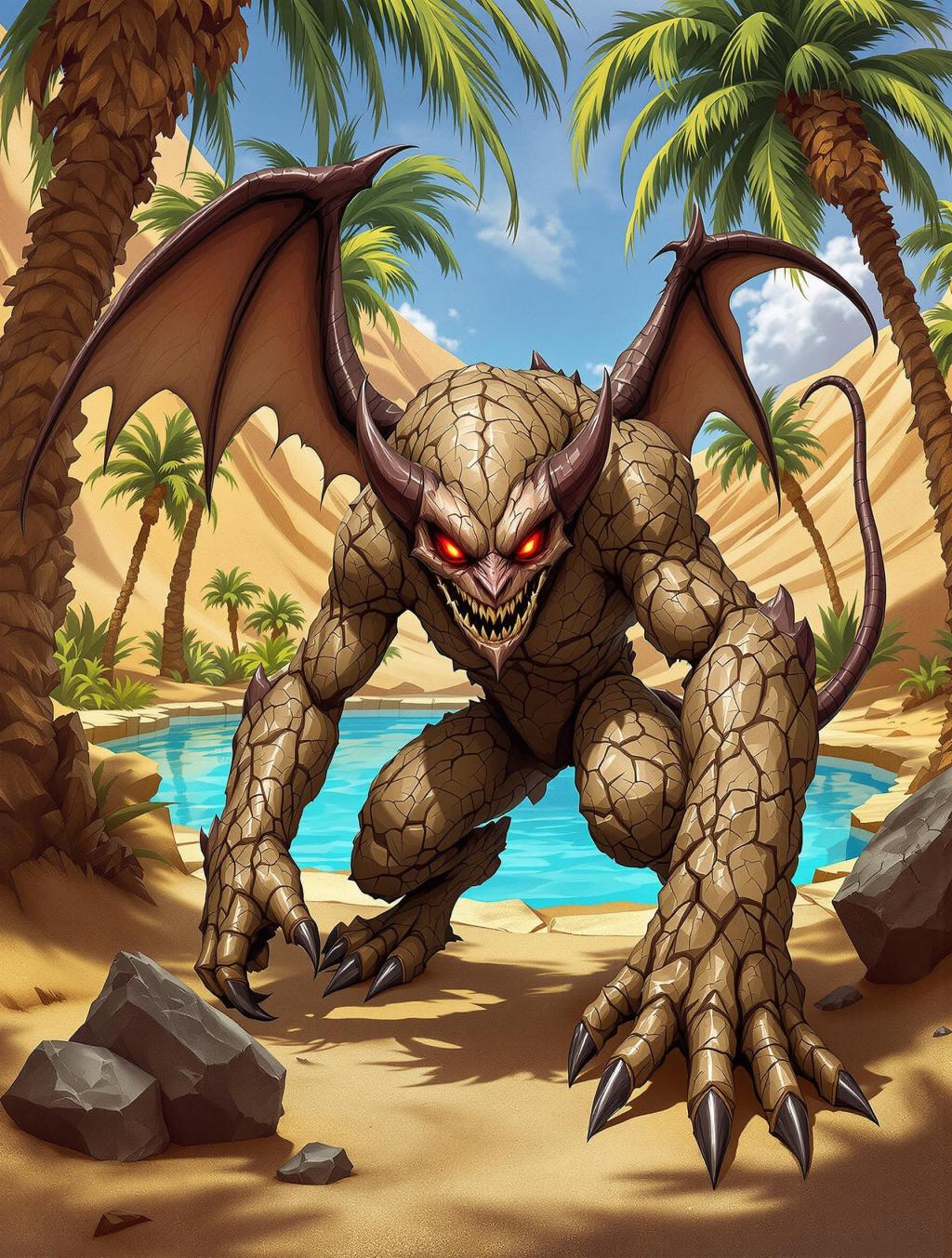 **Earth Mephit**  
*Type: Small Elemental, Neutral Evil*  
A mischievous imp with craggy, cracked skin composed of earth and stone. Its glowing red eyes and sly grin hint at cunning. Equipped with sharp claws and a thin, whip-like tail, this creature can burrow and fly, bringing chaos wherever it goes.