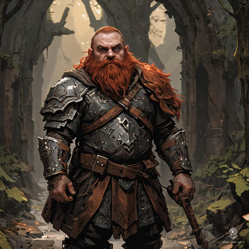 A rugged male dwarf hunter, adorned in chainmail and a brown cloak, skillfully tracks prey through forests and mountains. With red hair and a matching beard, his dark skin is accentuated by intricate goggles and mechanical devices, showcasing his prowess as an artificer.