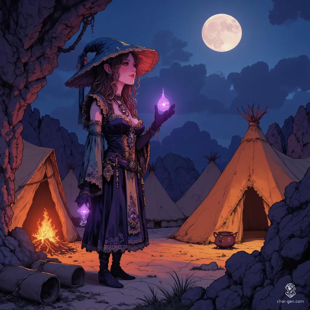 A charming Halfling bard, standing just 3 feet tall, captivates campers with her melodious lute. With her long, light brown curls and a cheerful smile, she wears a low-hemmed bodice adorned with intricate lace and dark leather. A glowing pink pendant hints at hidden magic as she entertains beneath a luminous full moon.