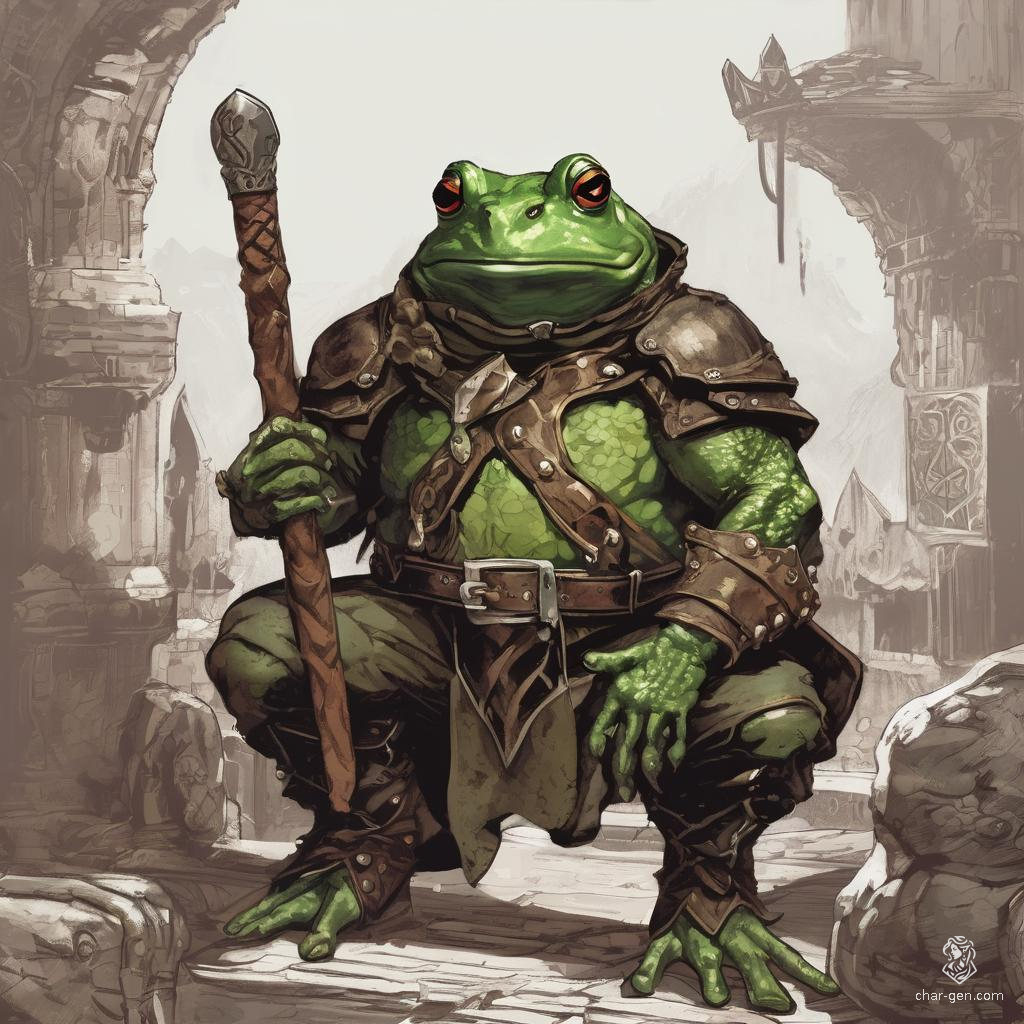 Squelchy and agile, this Grung warrior embodies cunning and ferocity. Clad in rugged leather armor, its vibrant green skin glistens with moisture, while large, expressive eyes survey the surroundings. A master of stealth and ambush, this frog-like creature leaps into battle with a surprising ferocity and tactical finesse.