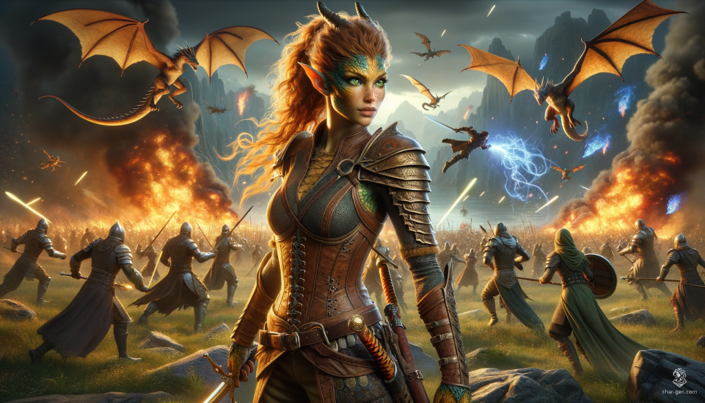 Shanyn, a 6'2" fighter of noble lineage, boasts impressive strength and a hardy build. Her dragon heritage is evident through gold-scaled freckles and striking green eyes. Armed with a longsword and adorned in detailed leather armor, this castle-raised warrior hides a scandalous secret that could unravel her family's reputation.