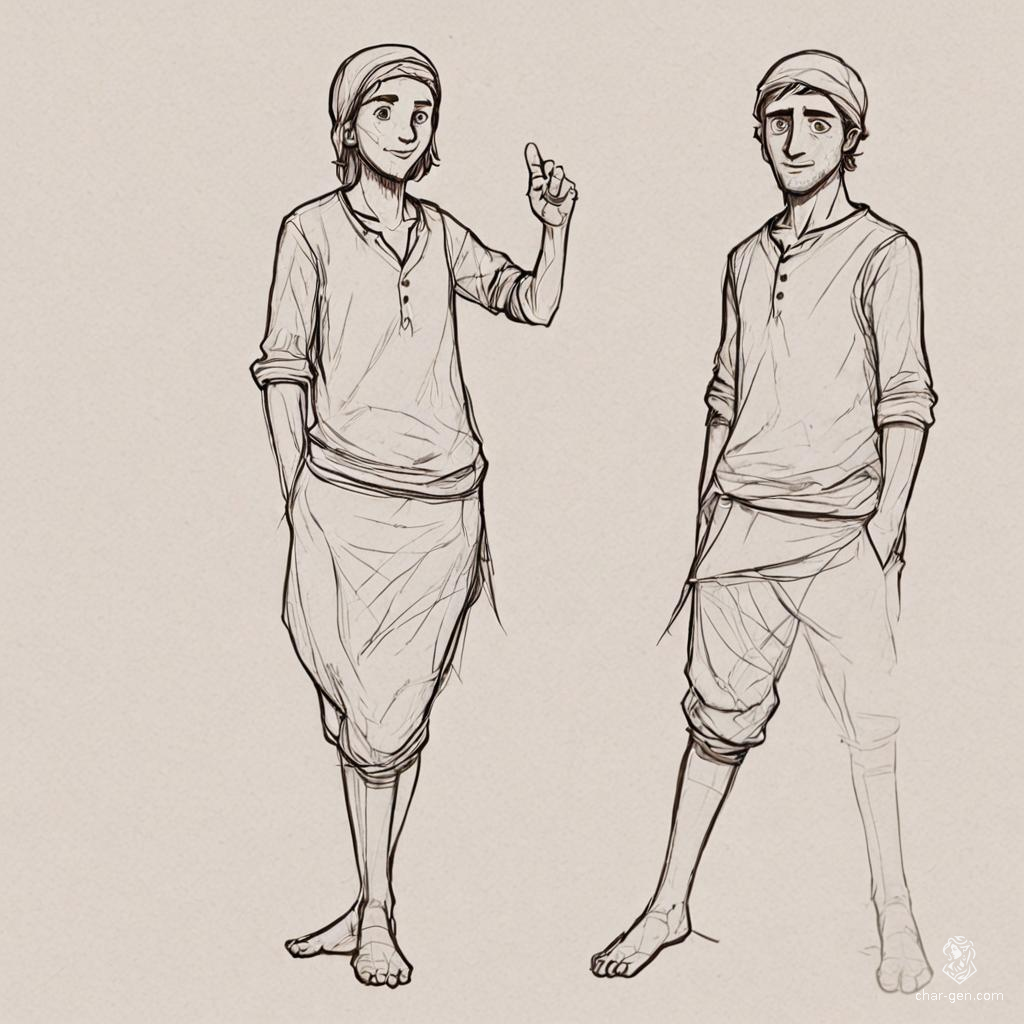 A nondescript human peasant dressed in simple, light clothing stands in an A-pose for a character profile sketch, offering front, side, and back views. Ideal for game development, the sketches emphasize basic, utilitarian attire and a humble demeanor.