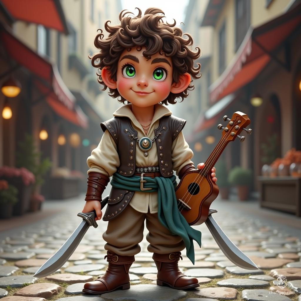 Luka Lightstep, a whimsical male halfling bard, exudes charm with his tousled brown hair and sparkling green eyes. Standing 3 feet tall, he combines style and practicality in his leather armor and colorful sash. Armed with dual daggers and his beloved lute, he’s ever ready for mischief or melody.