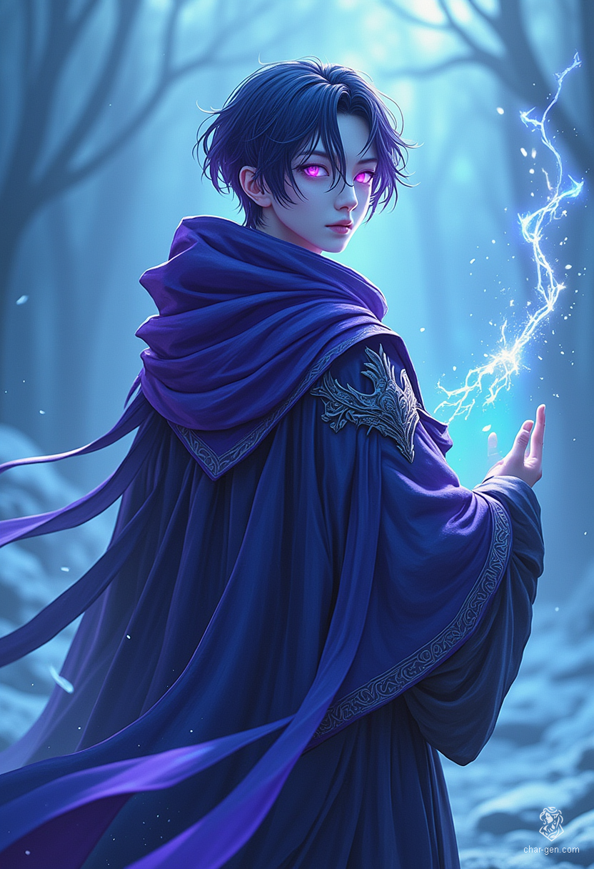 A striking sorcerer stands in an icy field, his thin build draped in an elaborate dark blue robe. With glowing violet eyes and short dark purple hair, he channels swirling magic from his hands, casting an enchanting aura amidst the harsh winds of winter.