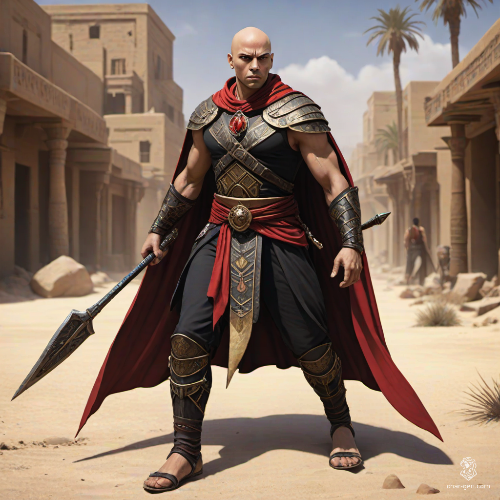 In a shadowy desert town, a bald Egyptian warrior clad in a mithril chain shirt and a flowing black and red cape stands tall. Armed with a menacing spear, he embodies the fierce spirit of the sands, his presence reminiscent of a dark 70s animated epic.