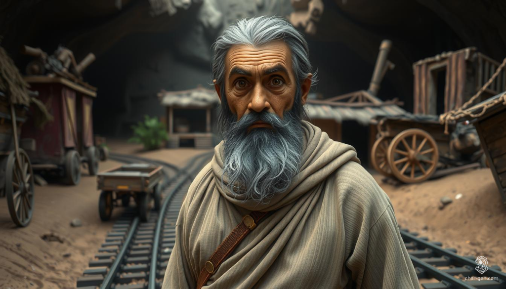 Jó, retratado em um estilo 3D Pixar/Disney, é um homem de meia-idade com uma espessa barba grisalha, olhos castanhos profundos e pele enrugada. Ele veste uma túnica bege típica do Oriente Médio antigo e está diante de uma casa simples de barro, simbolizando sua humildade bíblica.