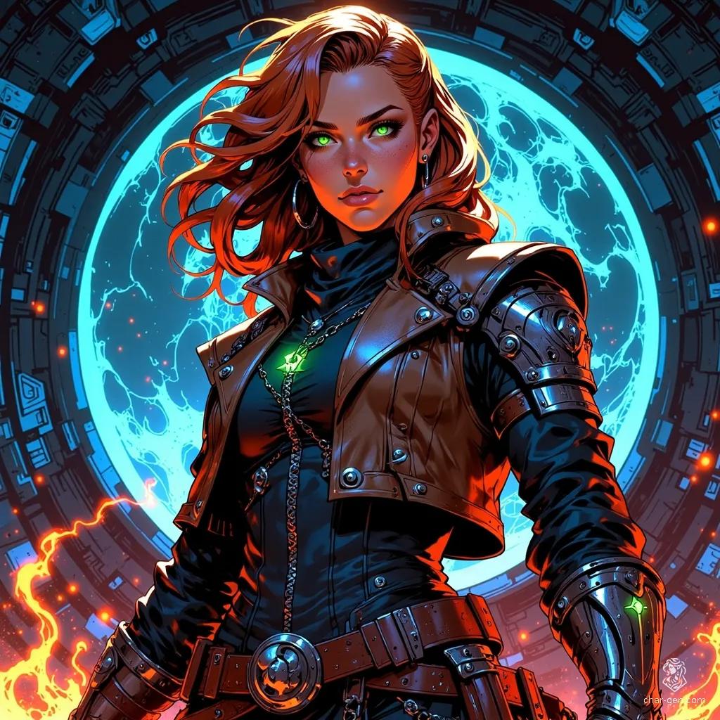 Captain Zara Starfire Thorne is a formidable space pirate, exuding confidence and authority. With piercing green eyes and auburn hair framing her sharp features, she dons a crimson-accented armored leather jacket over a sleek utility suit. Her fiery demeanor matches her commanding presence on the starship bridge, ready for any challenge.