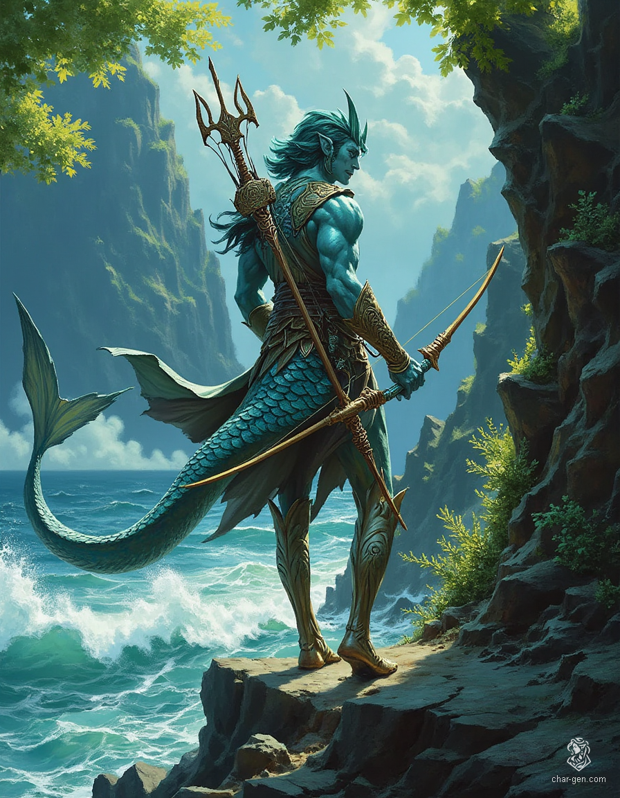 Kaelen, a male triton ranger, stands at a forest cliff, his deep sea-blue skin glimmering like scales in the light. With kelp-green hair adorned with nature’s treasures, he wields a driftwood bow, merging his aquatic heritage with a life of archery. A guardian of both land and sea, his webbed feet and scaly legs symbolize his duality.