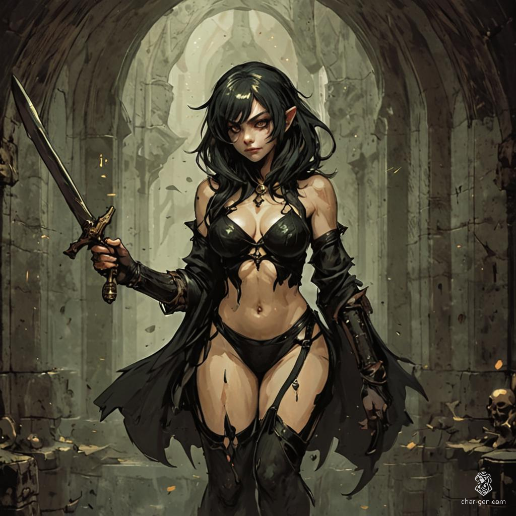 Silhouetted by moonlight, the goblin assassin glided into the chamber with lethal grace. Her agile frame and keen eyes glinted with malice, while a dagger, glistening with deadly poison, promised swift demise to any who dared cross her path.