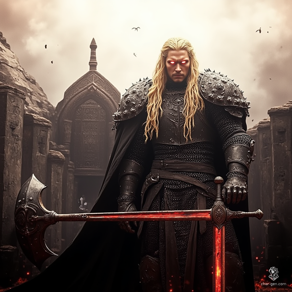 Puriel is a proud aasimar fighter with angelic lineage, exuding confidence in intricately detailed chain mail armor. His unusual colored eyes and subtle glow hint at his divine heritage. With bold blond cornrows and a greataxe in hand, he stands ready for battle, embodying strength and resilience.