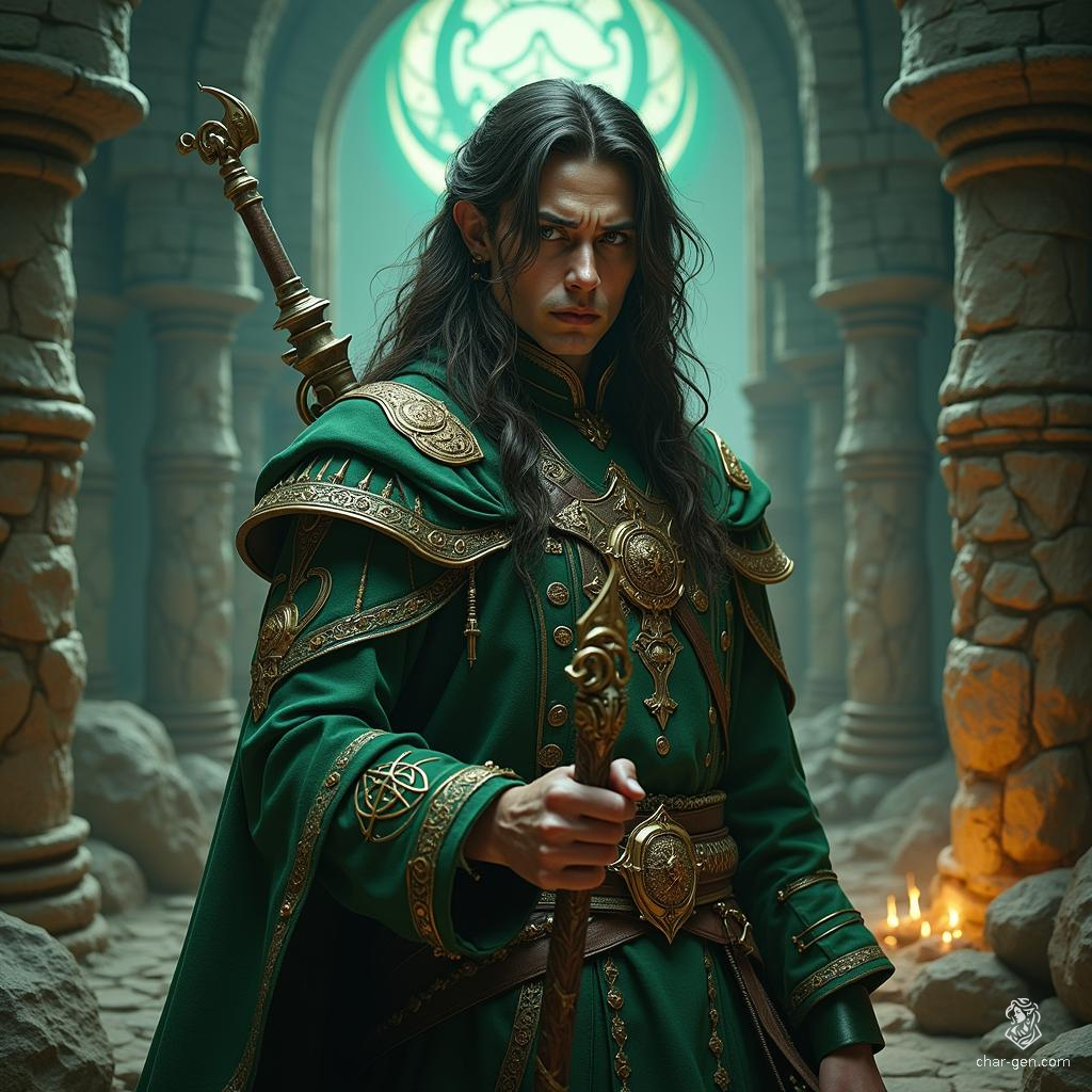 Eliseo Alboresi, a 22-year-old human wizard, stands 6’0” tall with olive skin and rich espresso hair. His sharp green eyes reflect his immense wisdom. Clad in enchanted garments adorned with arcane sigils, he wields a sleek wand, driven by a lifelong quest for deeper truths.