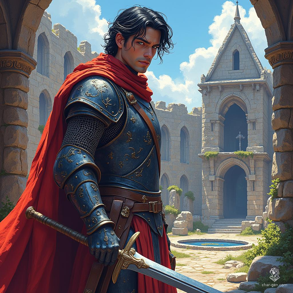 Vaster Menthur, a formidable 40-year-old human fighter, stands 6'0" tall with a medium build. Clad in intricately detailed chain mail, he wields a flail with confidence. His pale skin and jet-black hair contrast with his striking grey eyes, embodying strength and resilience on the battlefield.