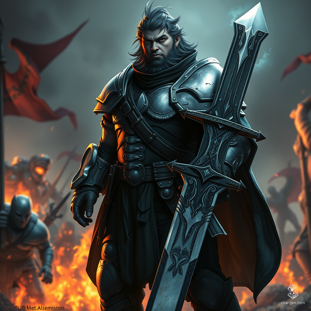 Sig Curtis is a towering warrior, standing at 2 meters with a robust frame. Clad in battle-worn half armor, he wields a stunning great sword adorned with glowing inlays. With a gloomy yet determined expression, he emanates a shadowy aura, ready to face the chaos of battle behind him.