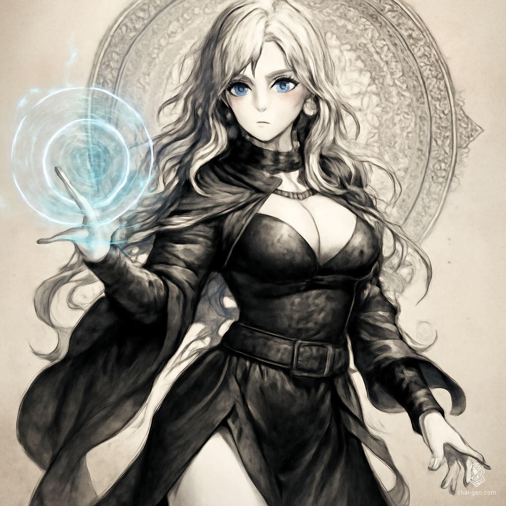 A striking young sorceress with long blonde waves and piercing blue eyes, exuding an irresistible aura of arcane power. Clad in revealing black and white enchanted garments adorned with mystical sigils, she stands confidently—a sensual, sly femme fatale wielding medieval magic with undeniable allure.