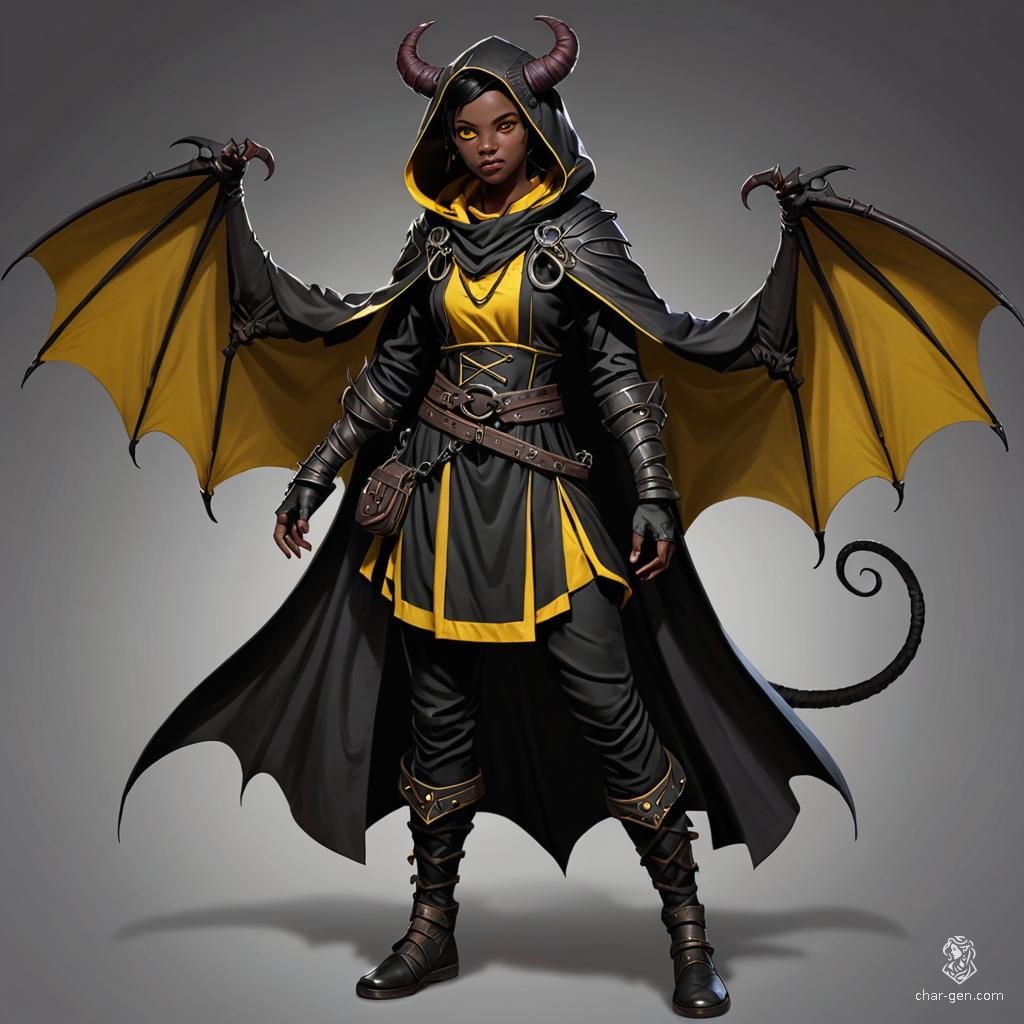 Meet a teenage Tiefling cleric, her burly form adorned in a black hooded robe and chainlink vest. With dark red skin, striking yellow eyes, and bat-like wings, she embodies a fierce yet protective spirit, ready to defend her allies and wield divine magic against the darkness.