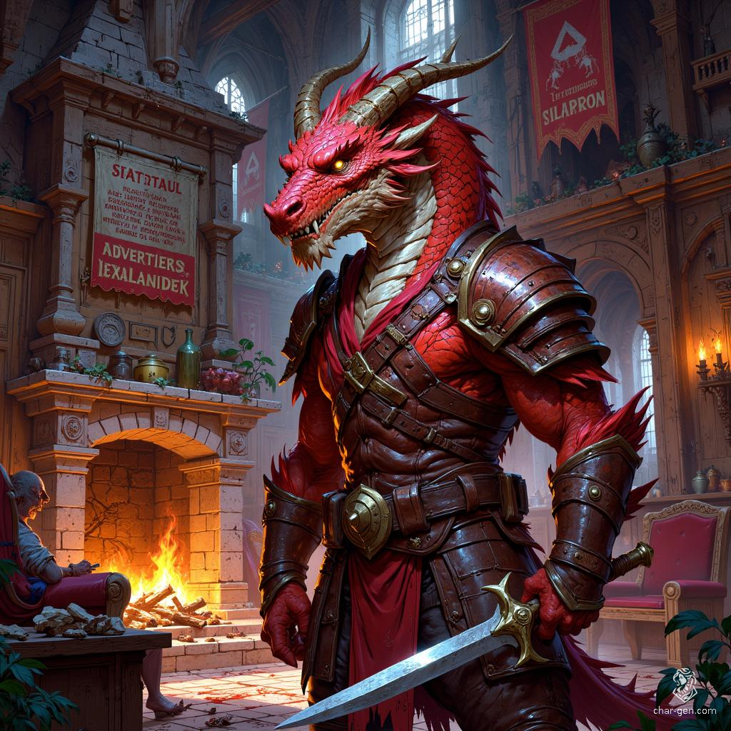 Fellgar is a 17-year-old male dragonborn rogue, standing 5'8" with a medium build and sharp, blood-red scales. His golden eyes gleam with mischief as he grips a dagger, poised in intricately detailed leather armor. Nimble yet foolish, he thrives in shadows, embodying the essence of a cunning criminal.