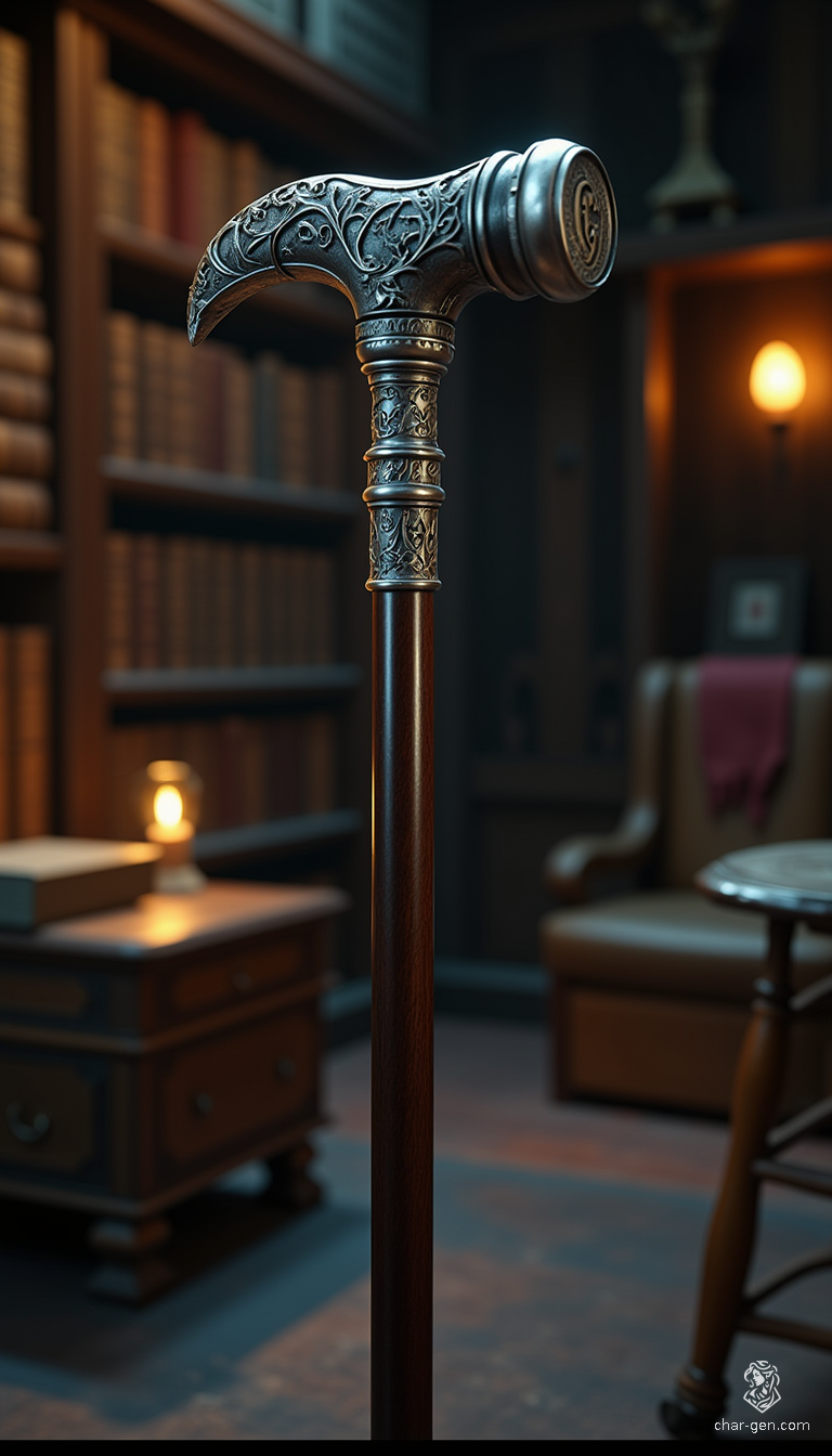 The Roditem is a masterfully crafted walking cane of polished ebony, standing 32 inches tall. Topped with a lustrous silver finial resembling a hammer, it exudes power. Engraved with a stylized capital "C," wielding this rod amplifies magical abilities, making the user a formidable presence in any realm.