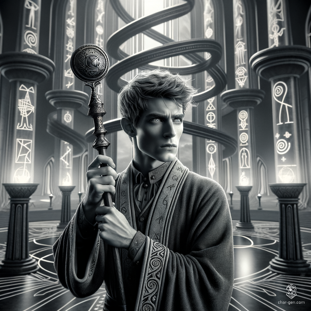 Larrius, a 20-year-old former slave and apprentice wizard, stands 1.81 meters tall with distinct white skin marked by birthmarks. He has short, straight, brownish-blond hair and striking greenish-blue eyes. Garbed in enchanted robes featuring whimsical motives, he wields a quarterstaff firmly. Dedicated to knowledge and self-improvement, he seeks answers while easily distracted by new information.