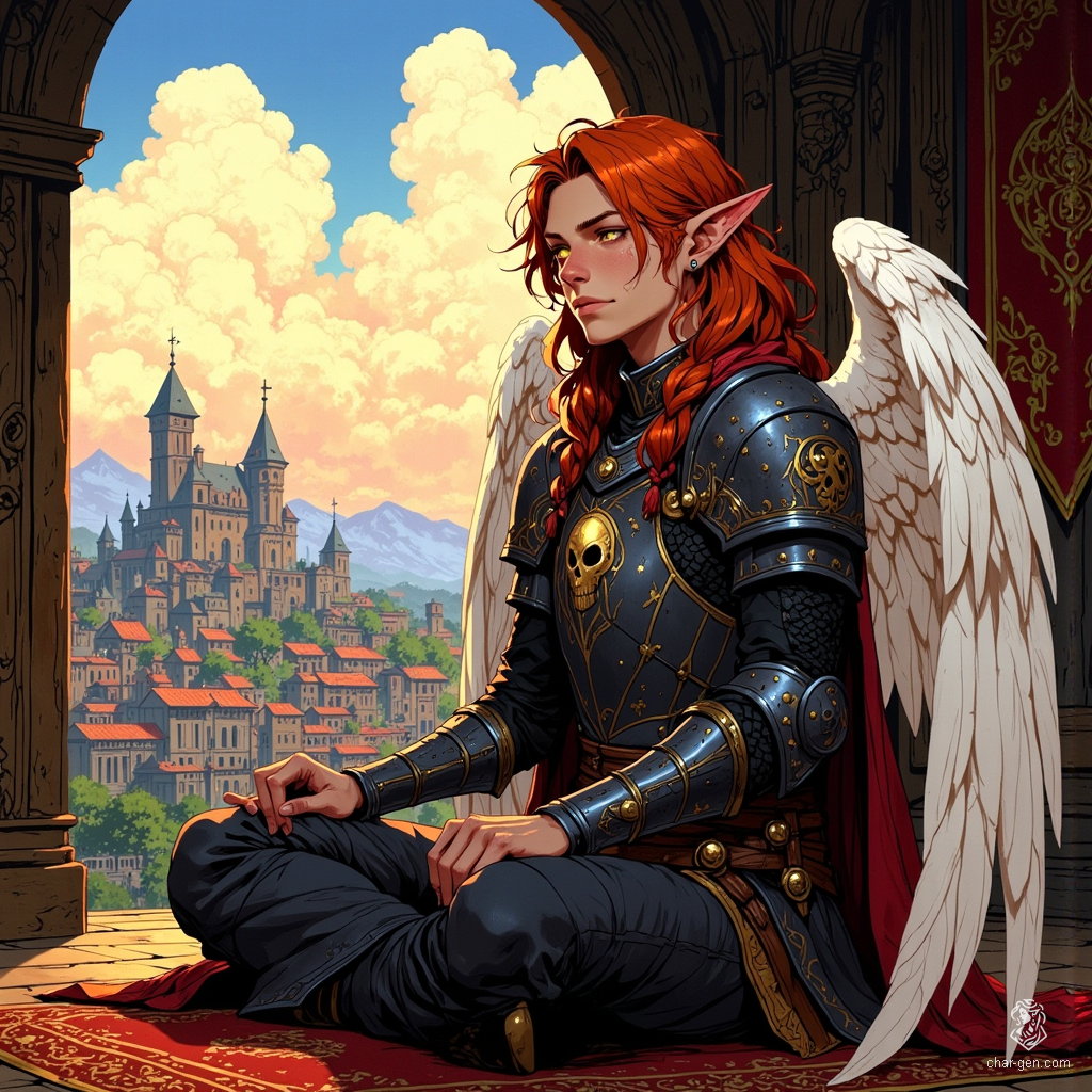 Meet the ten-year-old half-elf, a serene master of meditation within his royal estate. With glowing gold eyes and unkempt auburn hair, he dons black and grey training armor adorned with a skull engraving, complemented by magnificent feathered angel wings. An embodiment of youthful grace in a vibrant fantasy world.