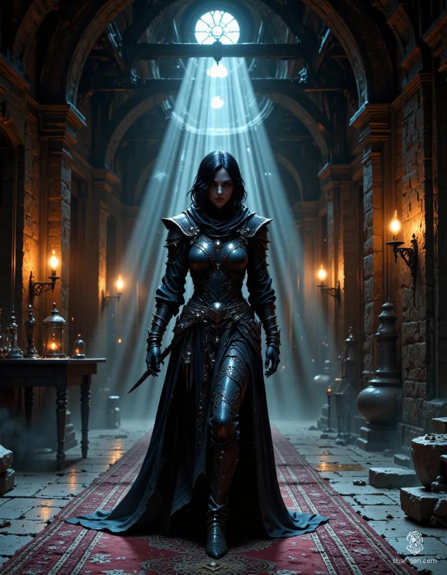 In the depths of the night, a young assassin glides through a shadowy castle corridor. With jet-black bobbed hair and pale skin, her exquisite leather armor hugs her curves, while concealed daggers gleam ominously. Stealthy and dangerous, she embodies the art of silent lethality.
