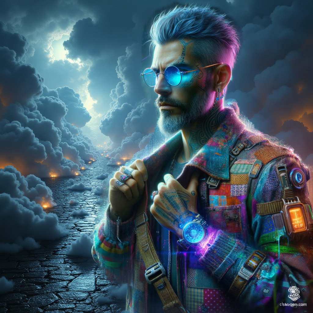 A tan-skinned male artificer, with long greying hair accented by blue strokes, wears a stylish jacket adorned with chaotic floral patches. His intellectual gaze behind light blue oval glasses hints at wisdom. As a magical courier, he weaves through realms with intricate gadgets, a tome, and a satchel of enchanted messages.