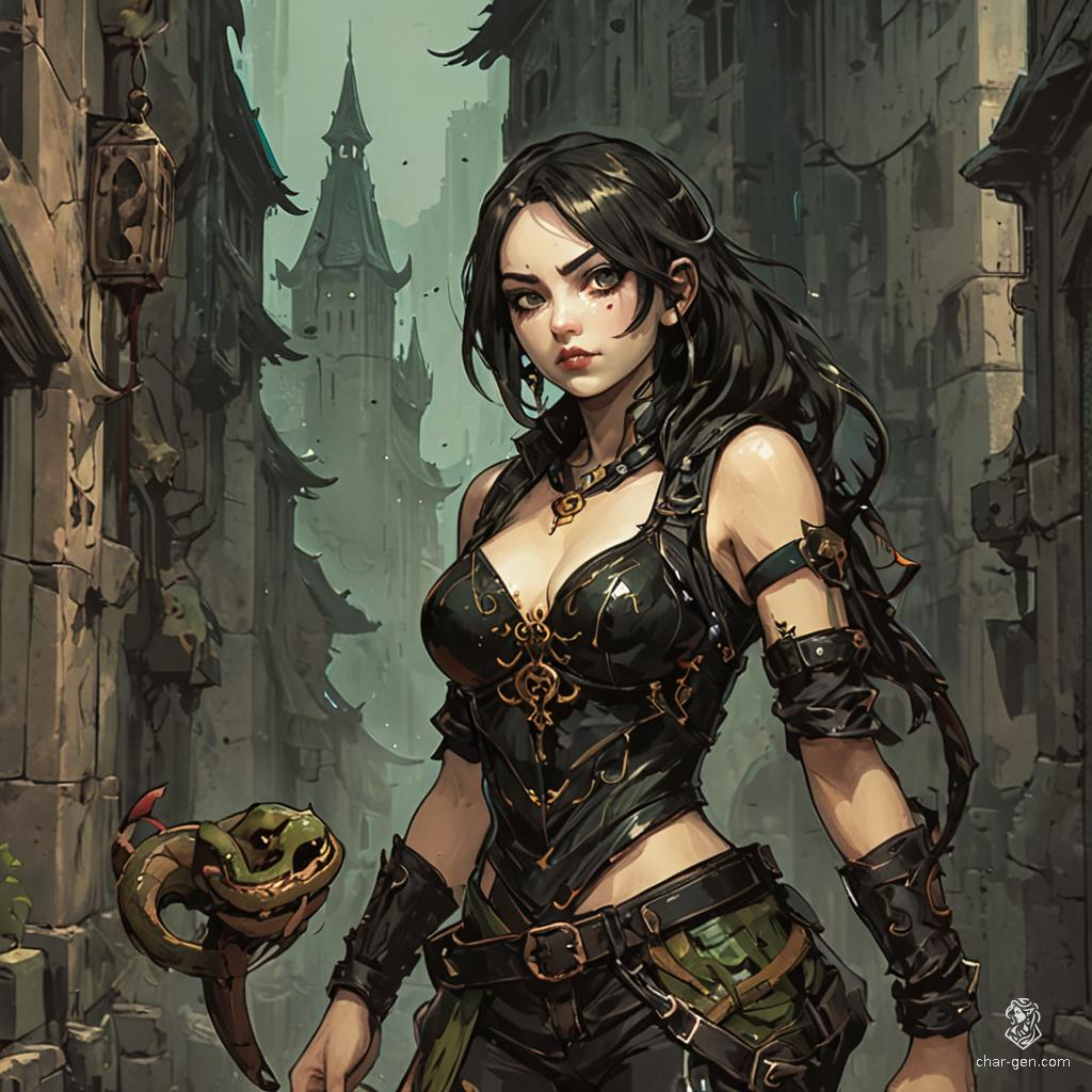 In a dimly lit alley of a medieval city, a fierce yuan-ti rogue proudly displays a severed vampire head. Adorned in leather armor for stealth, her green scales shimmer ominously, while her forked tongue and serpent-like visage reflect her cunning nature. A true predator of the thieves' guild.