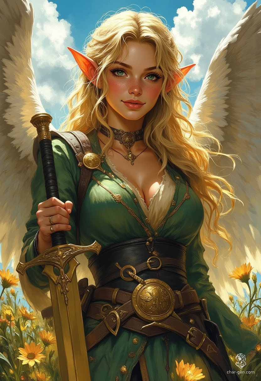 Sigarda, the radiant angel, floats majestically against a vibrant sky, draped in glimmering green and gold armor. Her golden hair cascades around a striking visage, highlighted by brilliantly glowing eyes. Grasping a magical sword, she embodies beauty and strength in a painterly style rich with color and emotion.