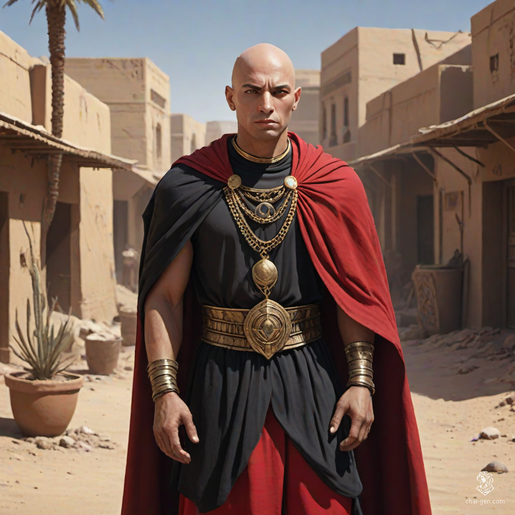 A formidable Egyptian warrior, this bald human male dons a shimmering mithril chain shirt beneath a dramatic black and red cape. Steeped in the mystique of a 70s dark animated world, he stands as a protector of his desert town, radiating power and ancient wisdom.