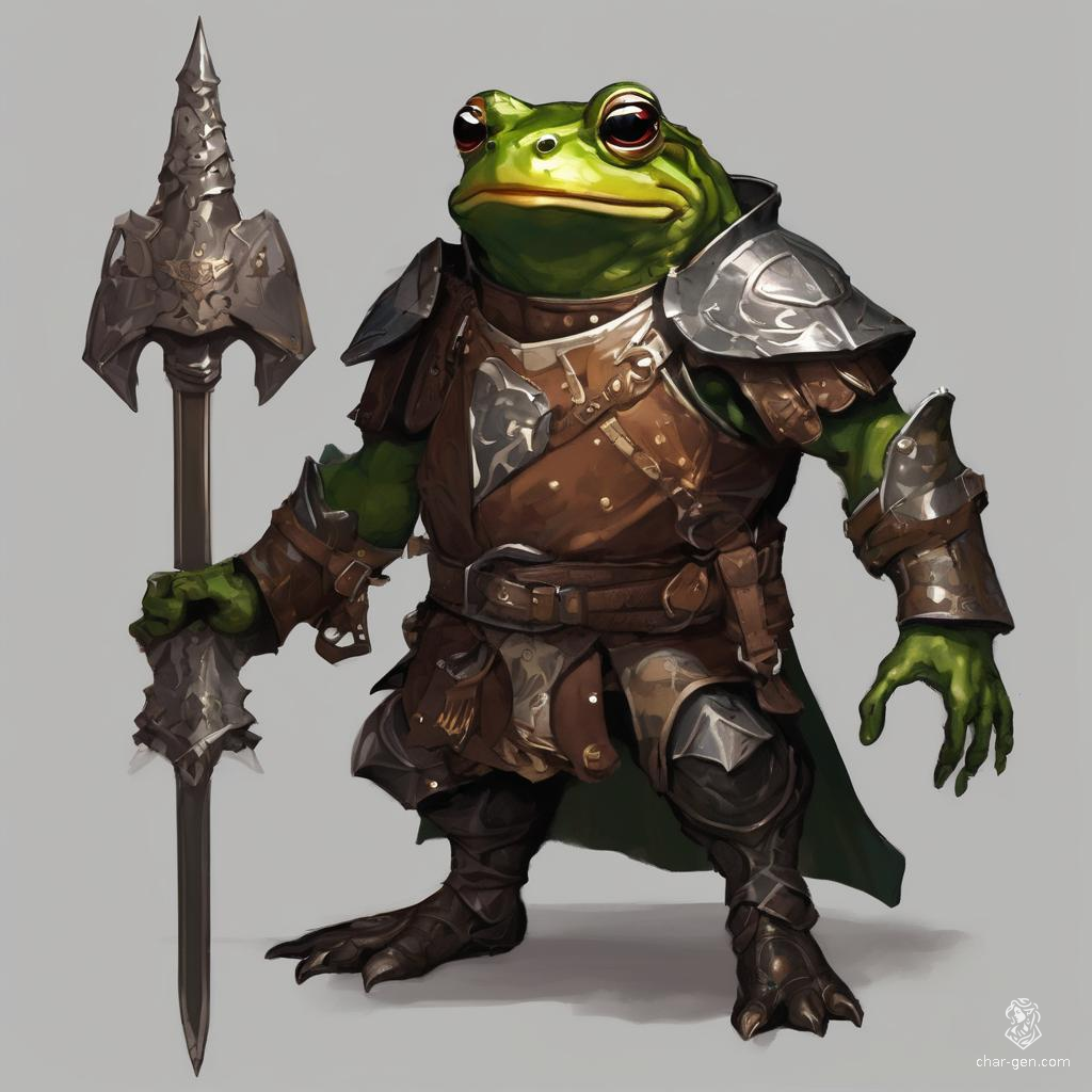 Meet Krik, a thin male Grung paladin clad in minimal leather armor. With a friendly demeanor and vibrant green skin, he champions justice and camaraderie in his swampy realm, wielding his spear with grace. Always ready to leap into action, Krik embodies loyalty and bravery.