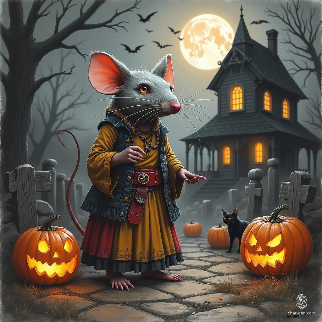 Meet Zira, a savvy female ratfolk shopkeeper with keen instincts and a charming demeanor. With her rat-like features, including whiskers and alert ears, she expertly manages her bustling store, bartering a treasure trove of goods while navigating the vibrant marketplace of her fantastical realm.