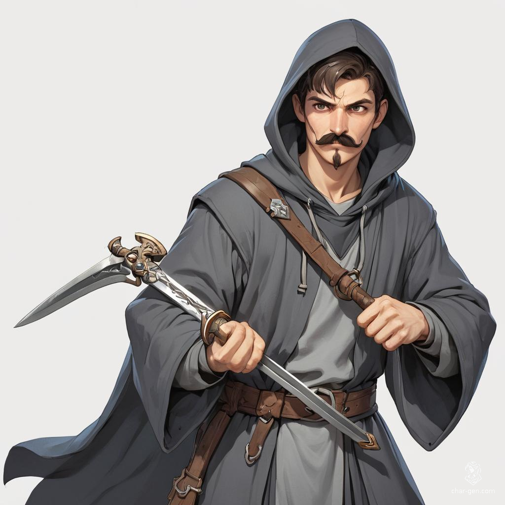 Meet Eldrin, a quirky young mage known for his signature handlebar mustache. Dressed in flowing grey robes and a cozy hoodie, he wields a gleaming scimitar, blending charm and might. Eldrin’s eccentric style and magical prowess make him a captivating presence in any fantastical realm.