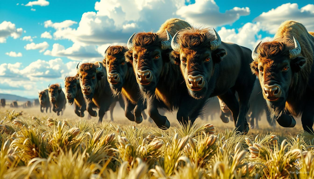 In a hyperrealistic, breathtaking panorama, a colossal stampede of majestic bison charges across an endless grassy plain. The vibrant green expanse contrasts vividly with the powerful, brown fur of the bison, capturing the raw, untamed essence of nature in stunning, high-definition detail.