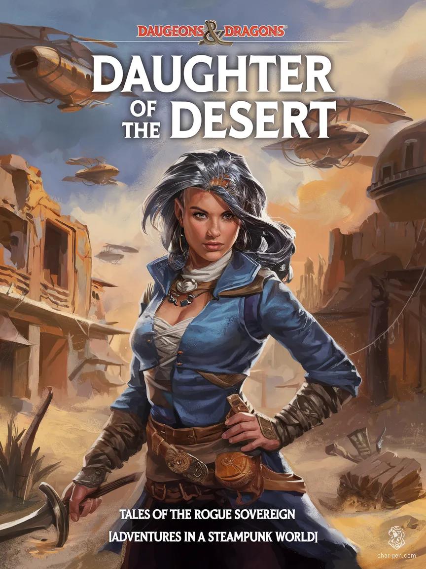 In a desolate desert landscape, a striking woman in tattered leather armor stands poised as a cunning rogue. Her metallic silvery-grey hair cascades over her hourglass figure, while steampunk accessories and a long, ornate broadsword signal both danger and allure. La Regina del Cuoio, she commands respect as a hardened outlaw.