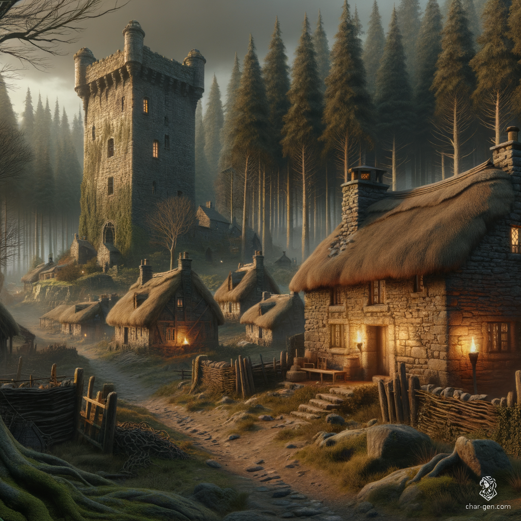 Perched on the fringe of the vast High Forest, a grand Irish tower house keep dominates Noanar’s Hold. Once a bustling hub for thrill-seeking nobility, it now languishes amidst eerie whispers of its dark past, standing vigilant over a village steeped in history and shadowed by enigma.