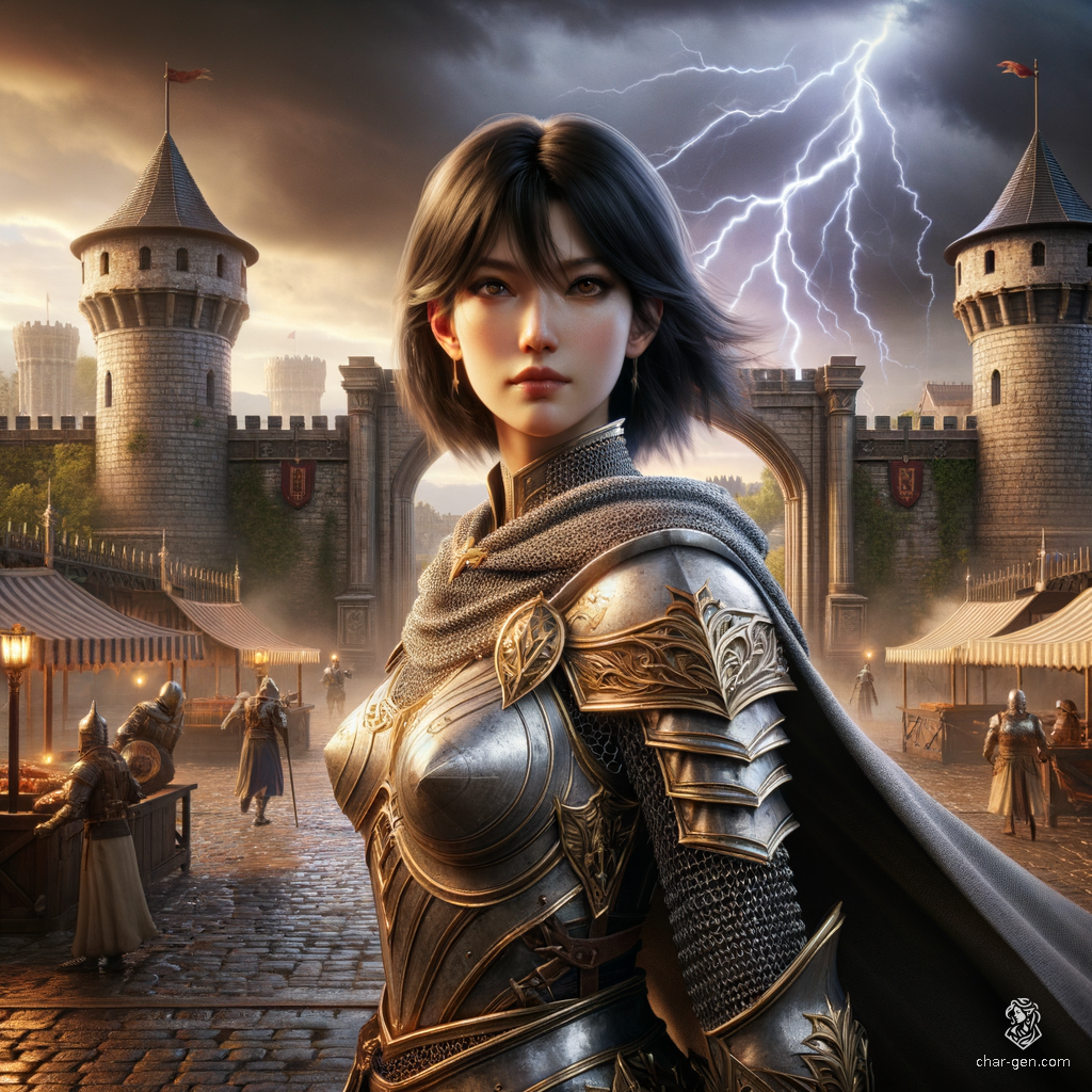 Azumi Deathblight is a formidable female Paladin exuding a dignified aura with a protective stance. A medium-built human with chin-length black hair, she's exceedingly strong, nimble, hardy, intelligent, wise, and charming. Donning intricately detailed chain mail, she stands resilient like lightning piercing the sky.