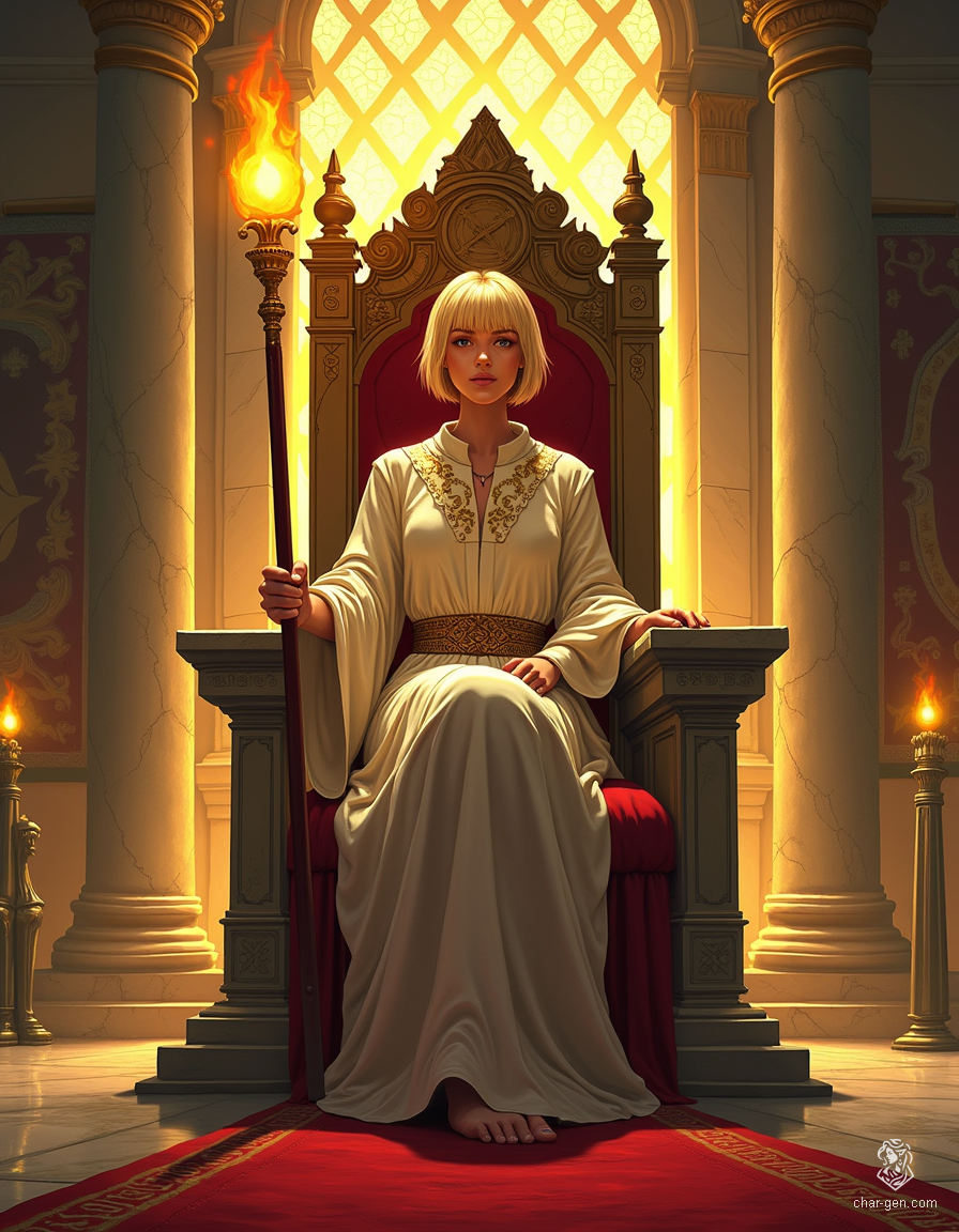 Loralyn is a serene Aasimar monk and baroness, radiating a soft glow with her golden skin and radiant, pupil-less eyes. Seated on a grand stone throne, she embodies strength and calm, ready to defend her realm against encroaching fey threats.