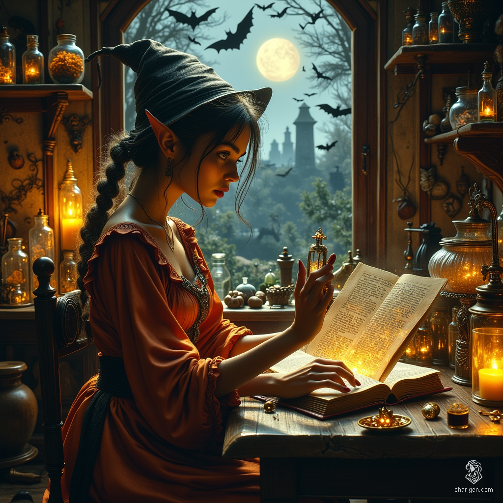 Maryam, the Apothecary Witch, is a charming older elf with tanned skin and bright topaz eyes, embodying wisdom and curiosity. With her shoulder-length, tea-colored hair streaked in grey, she skillfully concocts potions in her cozy lab, guided by the gentle presence of her ghostly spider familiar.