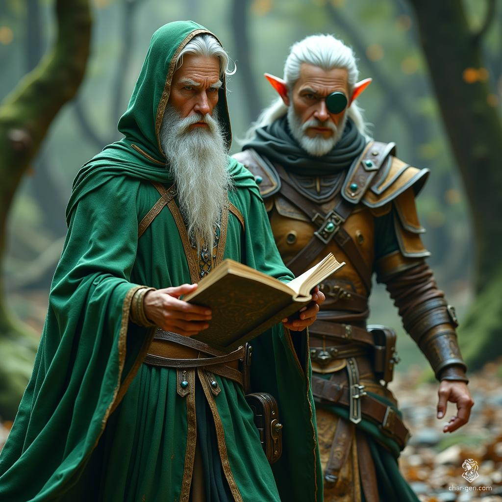 In a mystical glade, a green-robed wizard clutches a mysterious closed book, its secrets untold. Behind him strides a vigilant white-haired elf ranger, clad in leather armor, his piercing gaze concealed by an eye patch, ready to face any danger that lurks in the shadows.