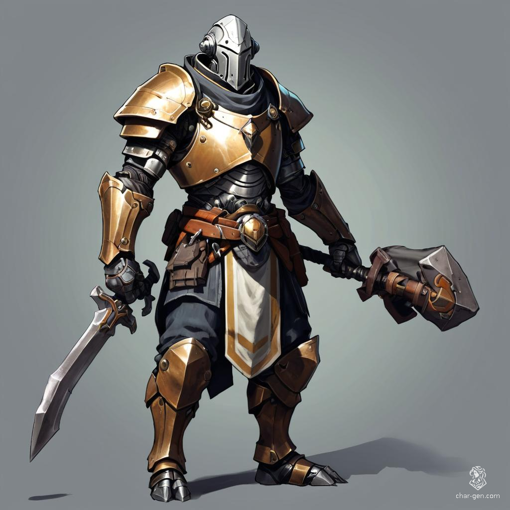 Amondul, a lean warforged fighter forged from a mysterious metal alloy, is a master of combat wielding a powerful two-handed Browasword. His formidable presence is accentuated by the bag slung over his shoulder, hinting at secrets and tools for the battles ahead.