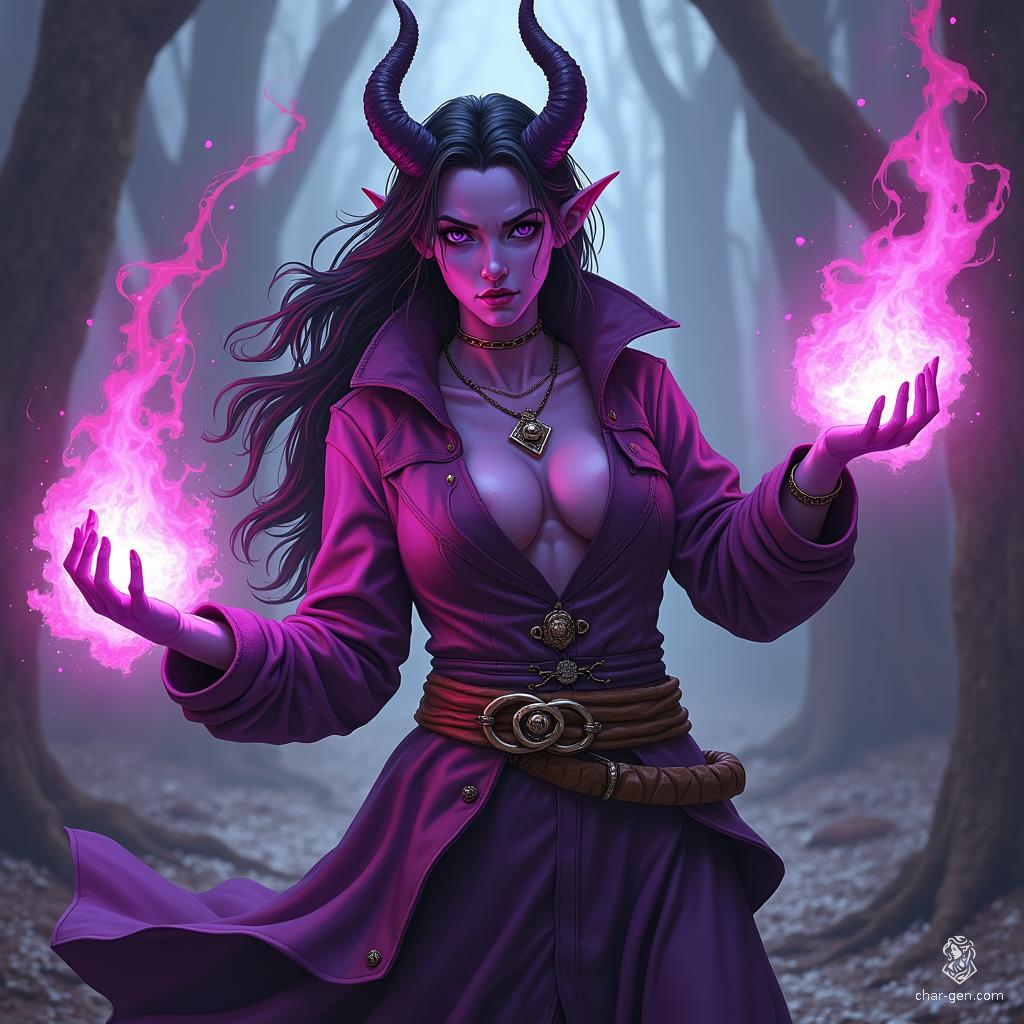 A vibrant purple-skinned female tiefling sorceress bursts with raw arcane energy, her wild hair crackling with magic. Adorned in chic, flamboyant attire, she commands powerful spells with a mischievous grin, embodying the dynamic flair of a French comic book hero.