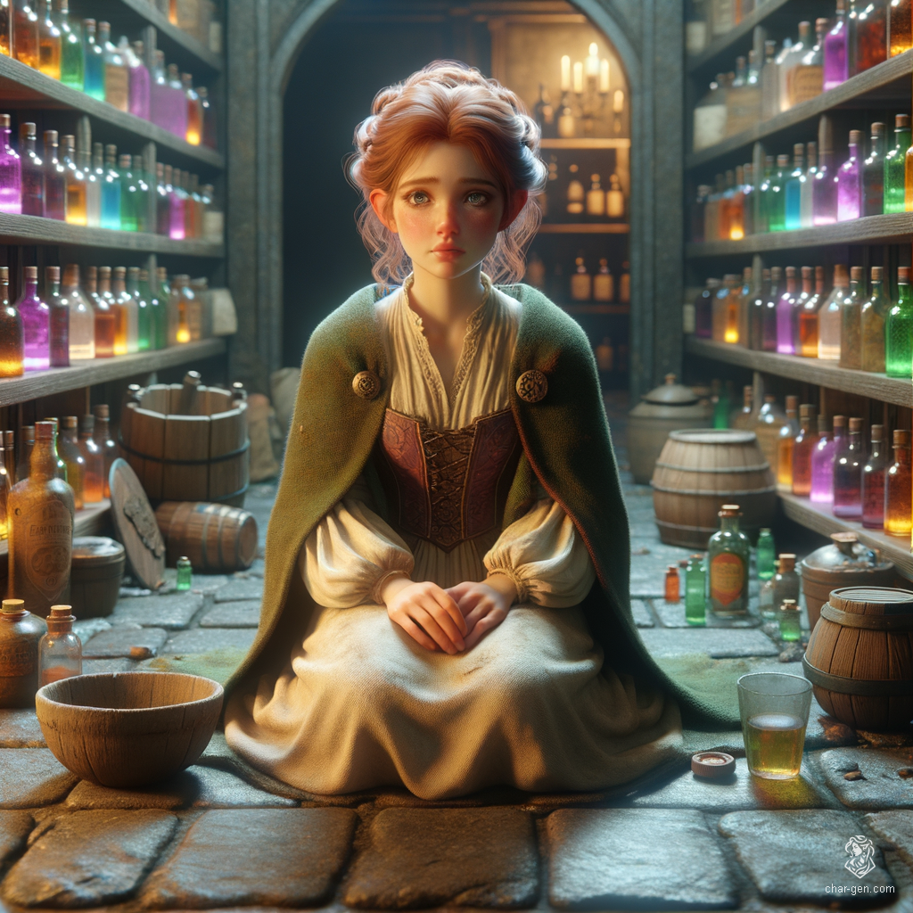 Once a noble dwarf, she now roams the streets in tattered rags, her regal clothes reduced to dirt and despair. With a bun atop her head and a baby cradled in her arms, she holds a tattered bowl, embodying resilience amidst her destitution.