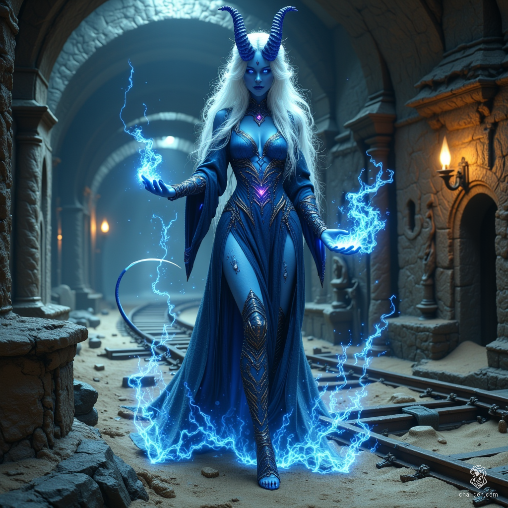 A curvy, cheerful female tiefling warlock, adorned with arcane sigils, radiates an enchanting aura of magic. Her striking blue skin and bright white hair frame her devil-like horns. A long tail sways playfully behind her, completing her mystical, captivating appearance.