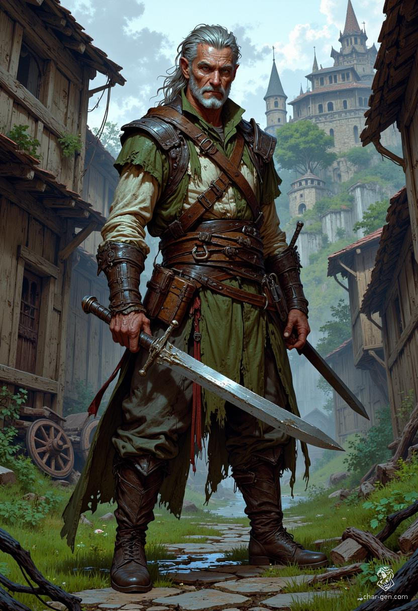 Tancrede, a rugged 55-year-old human fighter, embodies resilience and strength. Once captain of the Citadel guard, his keen eye and mastery of diverse weapons reflect his ranger and rogue skills. Haunted by a tragic past, he fiercely protects nature while seeking vengeance against the dragon that stole his former life.