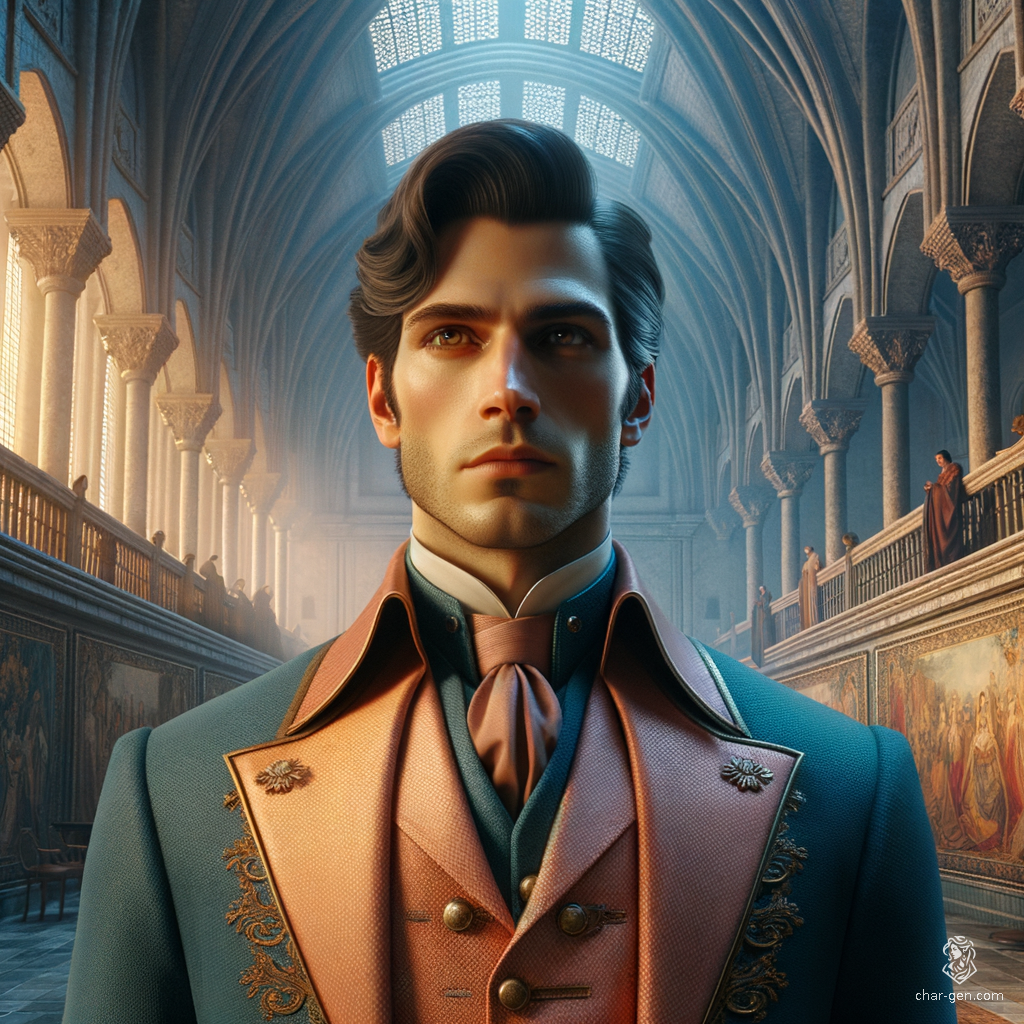 A fair-skinned male spy with greying, perfectly coifed black hair and brown eyes blends into crowds in modest cobalt and peach servant attire. He carries secret messages, expertly eavesdropping and going unnoticed in his role.