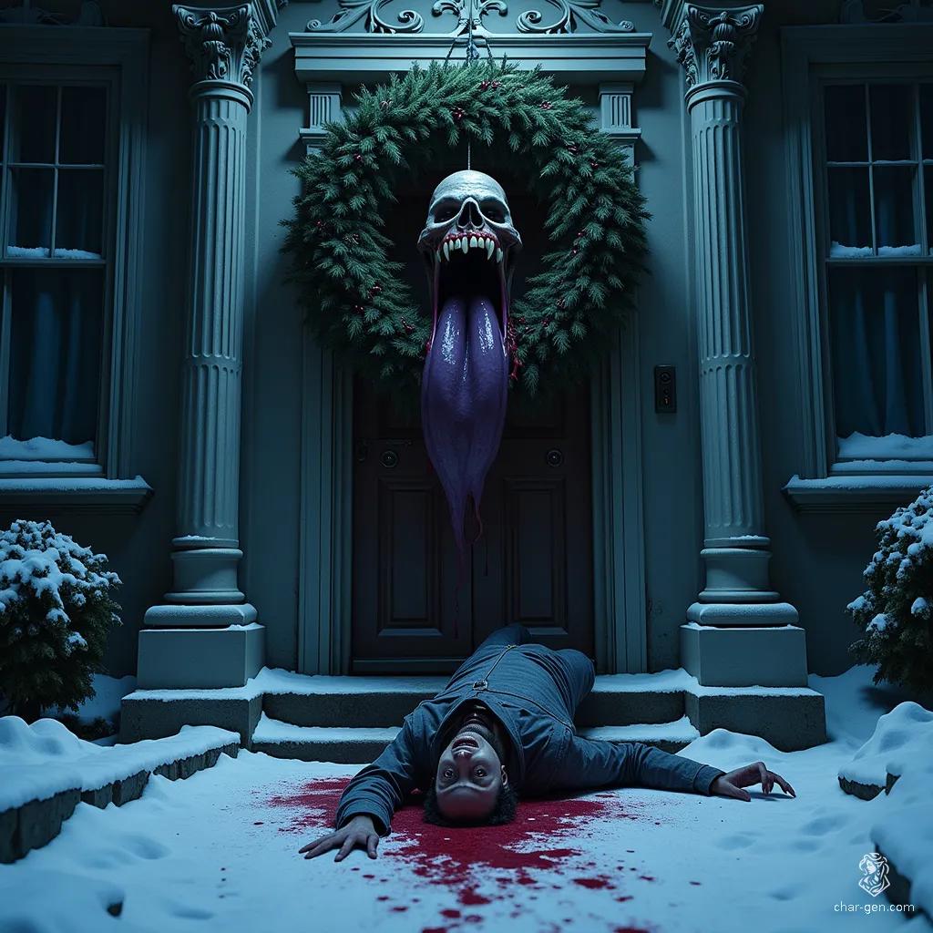 In the heart of a Victorian night, a sinister creature lurks behind a festively adorned wreath, its gaping maw lined with sharp teeth and a sinister purple tongue. Fresh blood stains the snow, hinting at the dark deeds of this malevolent entity that feasts on unwary souls.