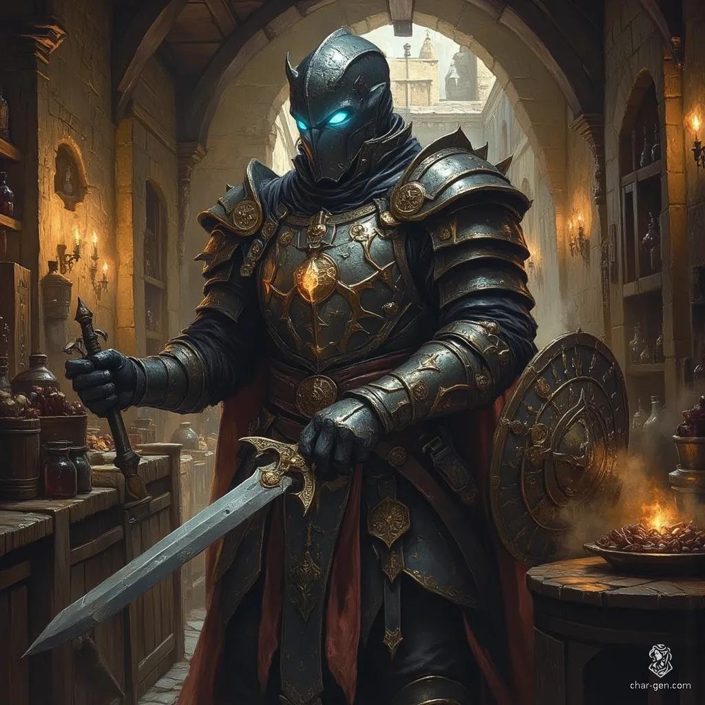 The Spectral Guardian is an imposing animated suit of ancient armor, crafted from weathered steel and adorned with glowing runes. With a menacing helmet and claw-like gauntlets, it wields a rusted longsword and a symbolic shield, patrolling its domain with fluid, eerie grace, forever vigilant.